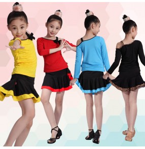 Turquoise blue red fuchsia hot pink black yellow patchwork long sleeves one inclined shoulder girls kids children performance leotards gymnastics latin salsa dance dresses outfits